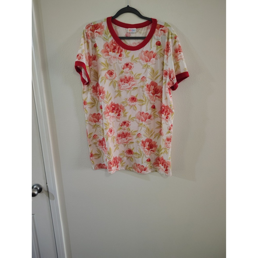 LuLaRoe Ringer Tee 2XL Womens Pink Red Peony Floral Print Short Sleeve T-Shirt